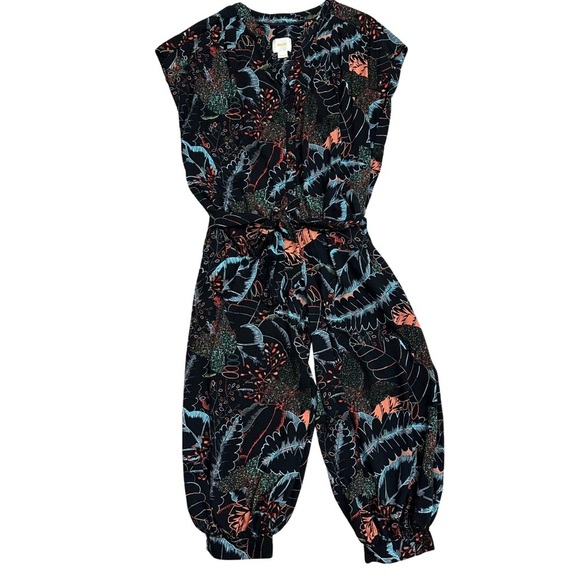 Anthropologie Maeve Leaf Print Jumpsuit Button Front Belted SZ Small P Oversized - Picture 1 of 7